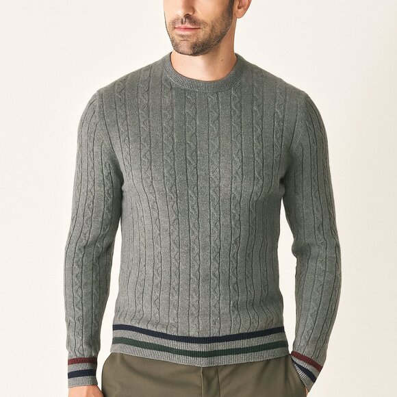 Canali Men’s Gray Wool Sweater L 52 New Cable Knit Stripe Trim Pullover Italy - Picture 1 of 8